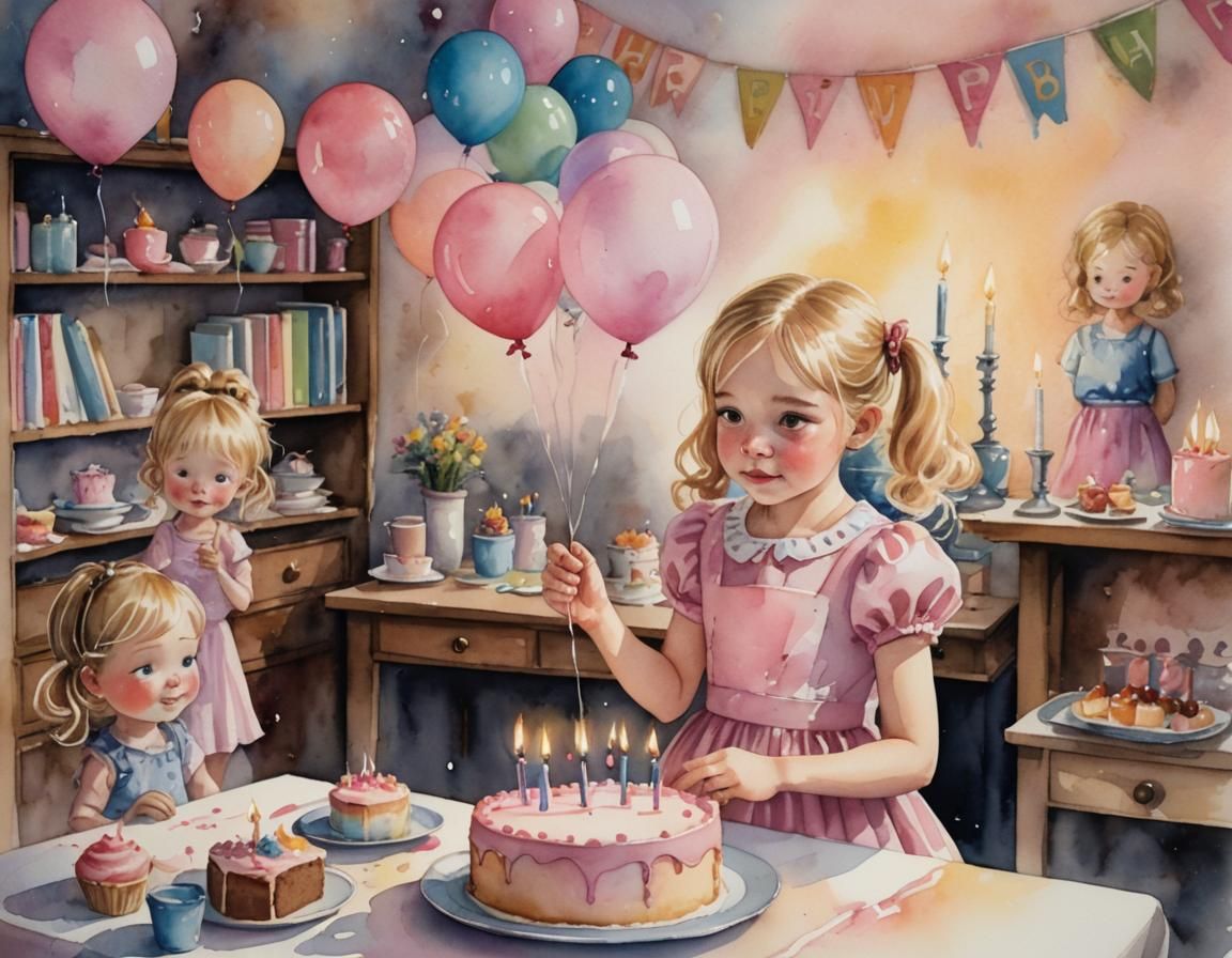 Blonde Girl's Birthday Party in Watercolor