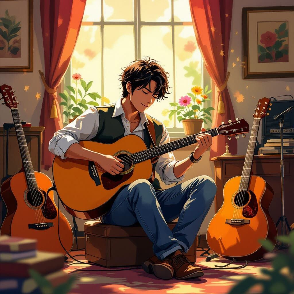 Musician Surrounded by Vintage Instruments in Expressive Dig...