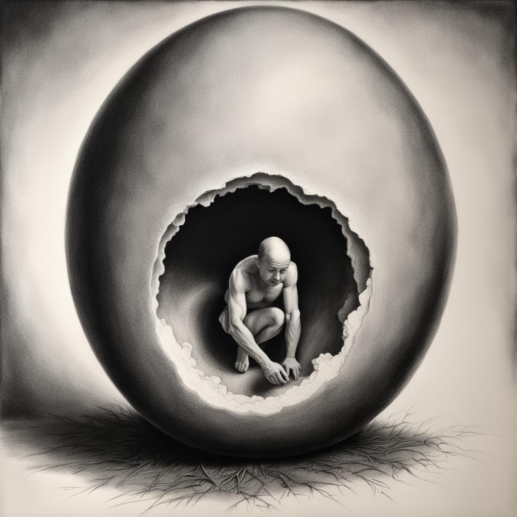 Man Hatches from Egg: Hyperdetailed Charcoal Drawing