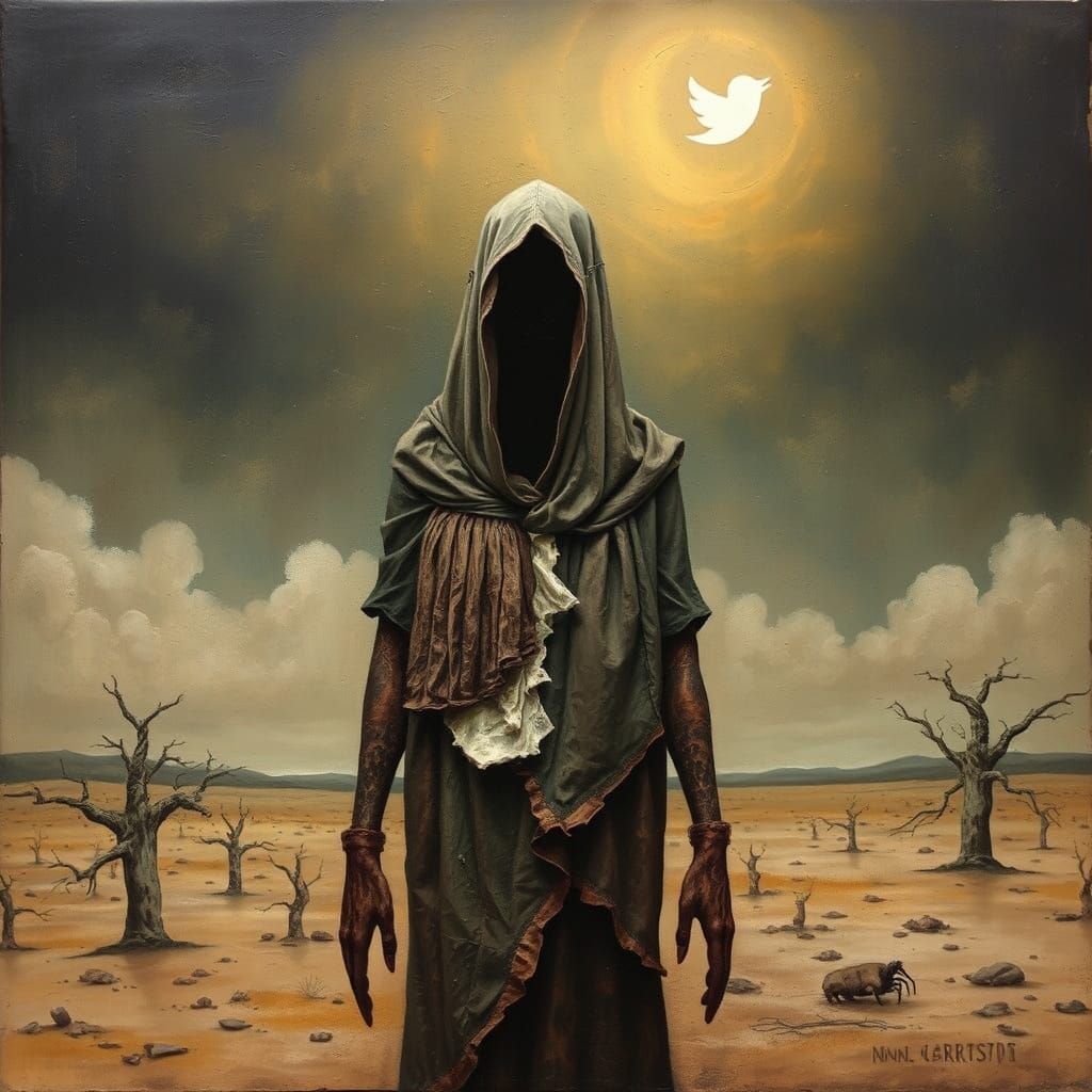 Dreamlike Dirge Figure in Grotesque Encaustic Landscape