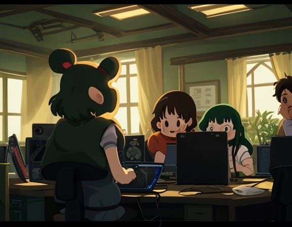 Cyberpunk Ghibli-Inspired Hackers at Work