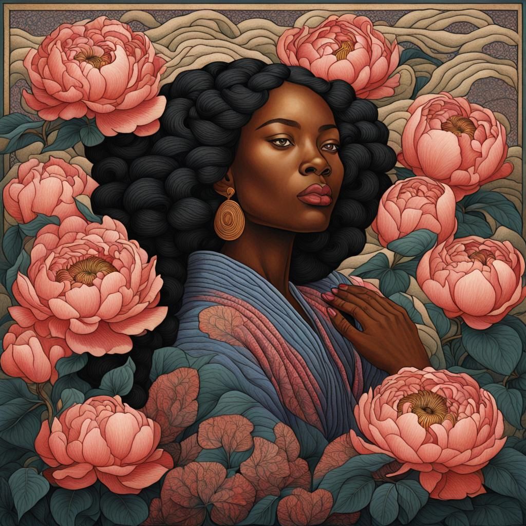 Black Woman with Peonies in Ukiyo-e Style