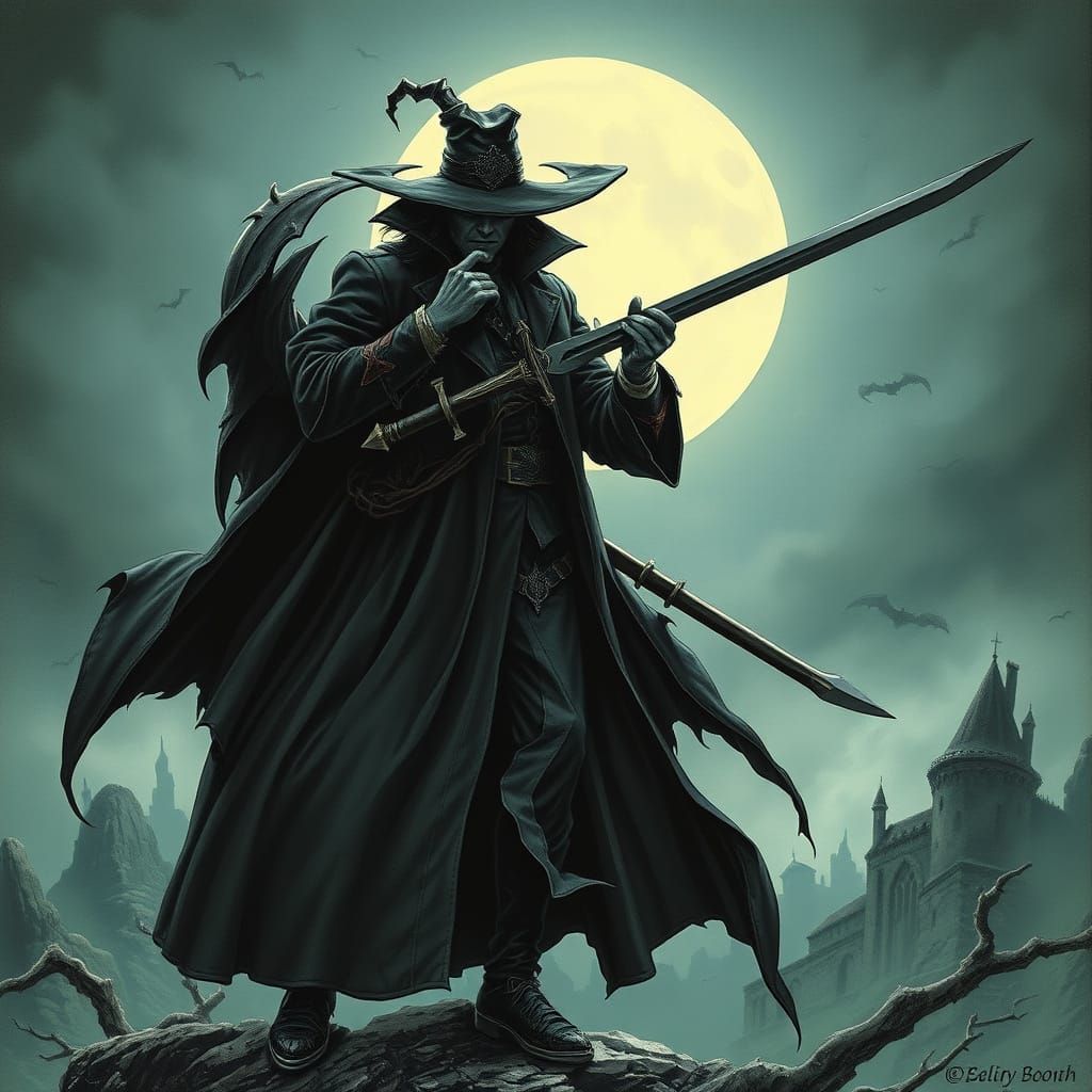 Elegant Vampire Hunter in Haunting Moonlit Landscape