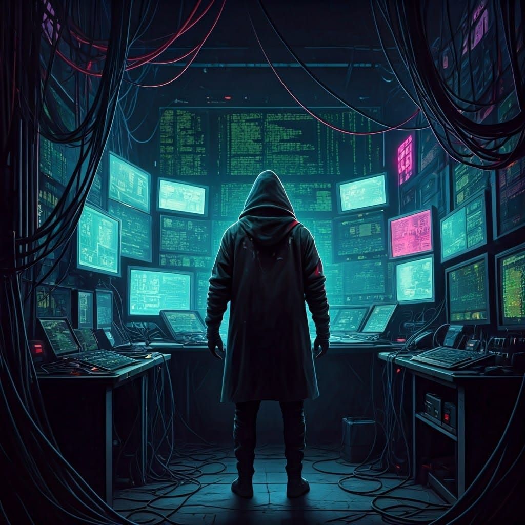 Cyberpunk Hacker in Neon Cityscape