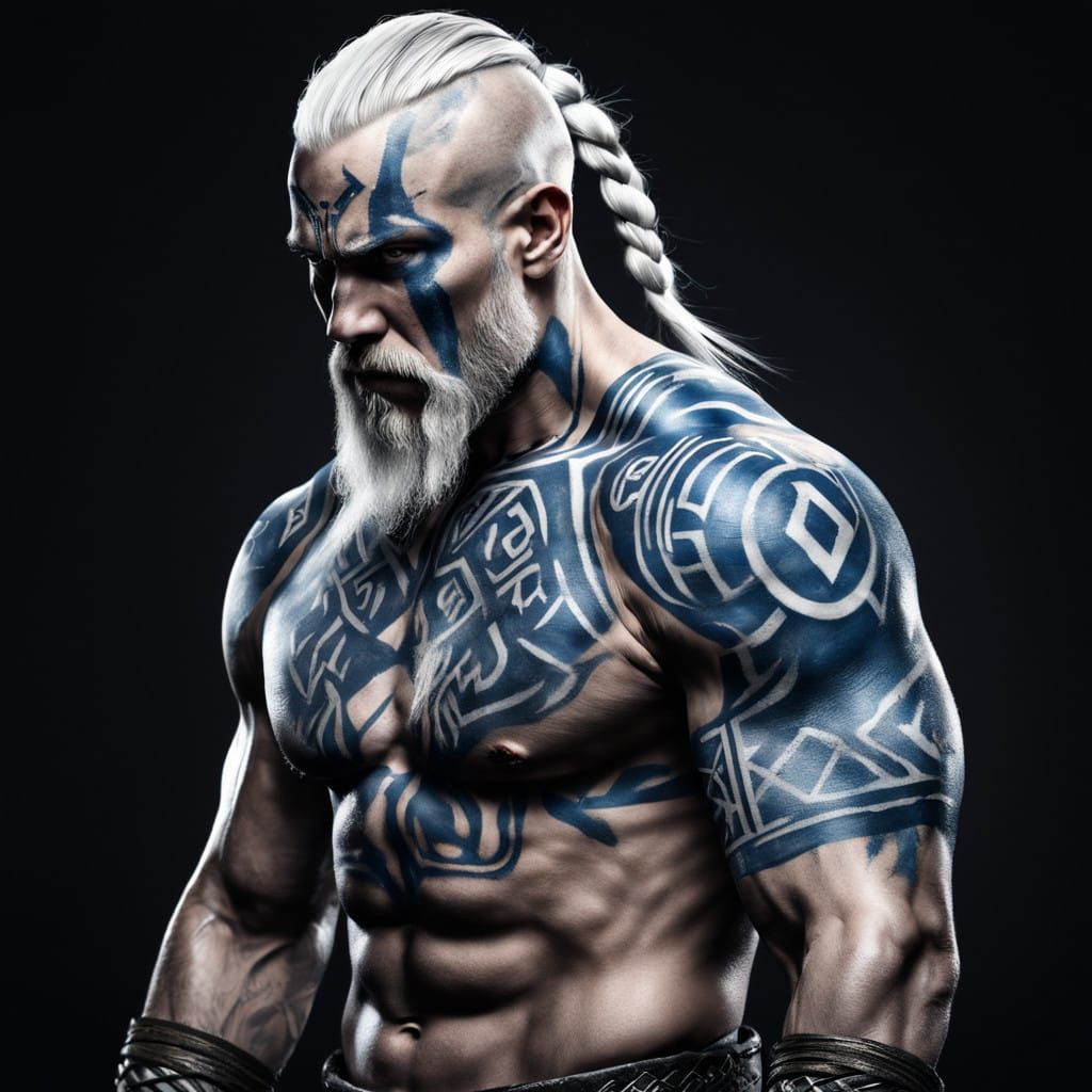 Mighty Blue-Tattooed Warrior in Hyper Realistic Style