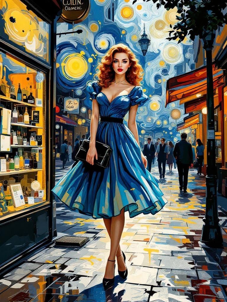 Surreal 1950s Woman in Van Gogh and Dalí Style