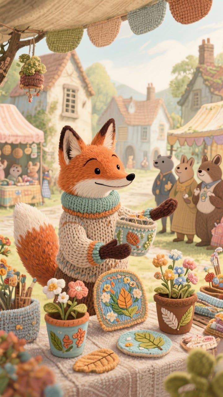 Knitted Fox Displays Crafts at Whimsical Village Fair
