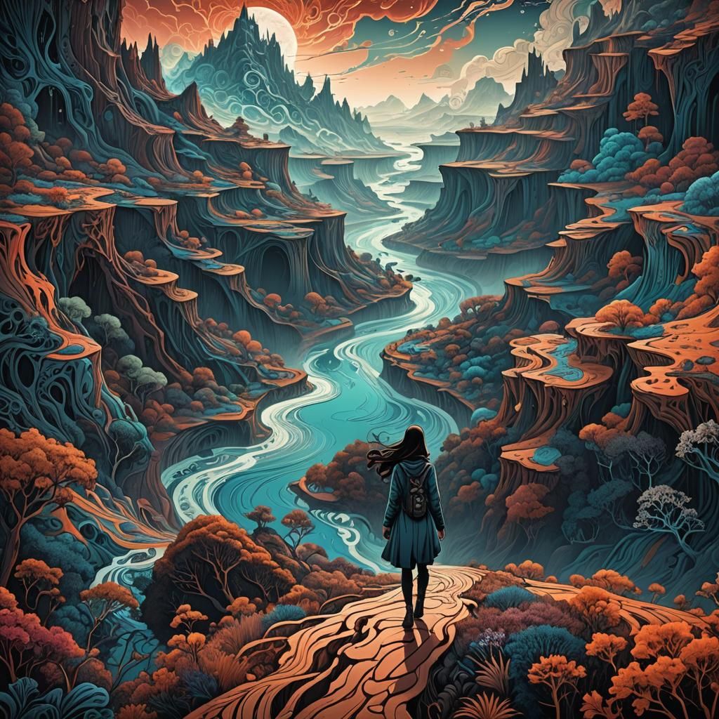 Girl Walks in Surreal Dreamscape: Line Art