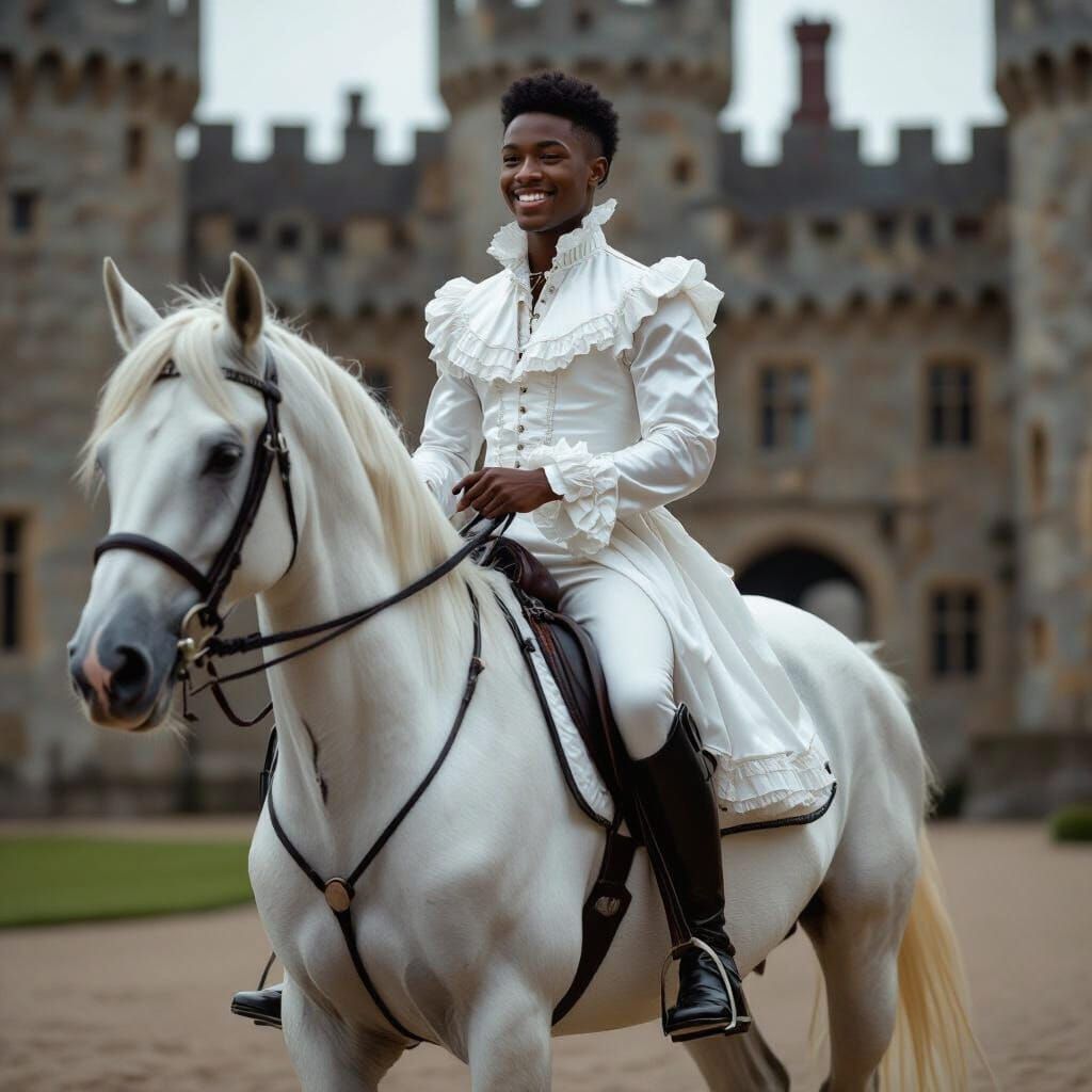 Black Teenager in Satin Shirt Riding Horse to Castle