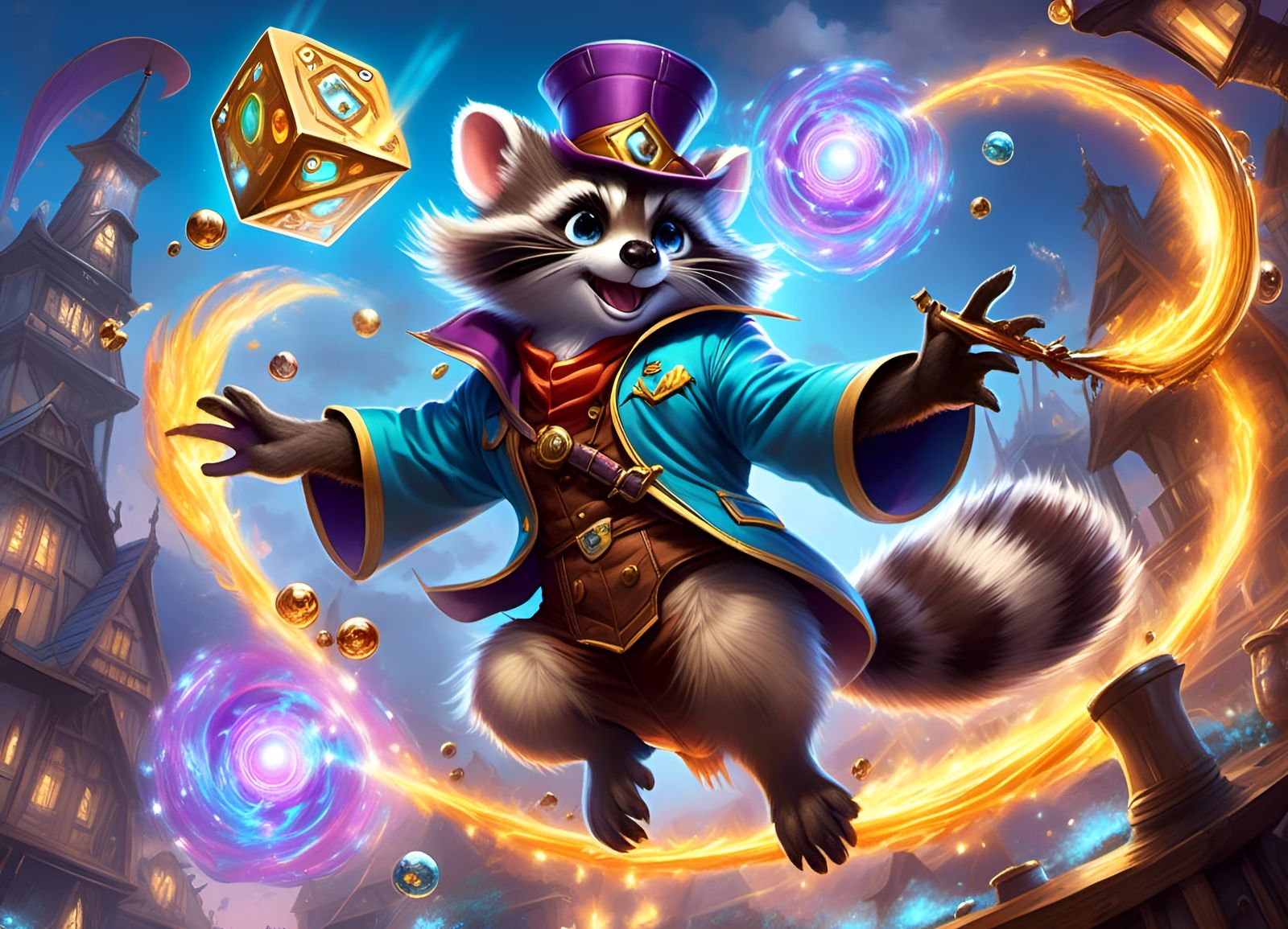 Flying Raccoon Wizard Casting Fire Spell