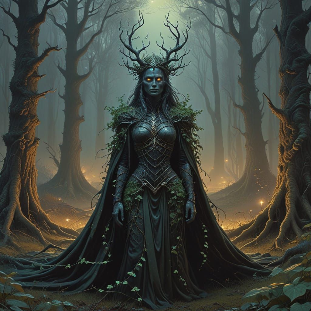 Mystical Encounter in a Whimsical, Dark Forest