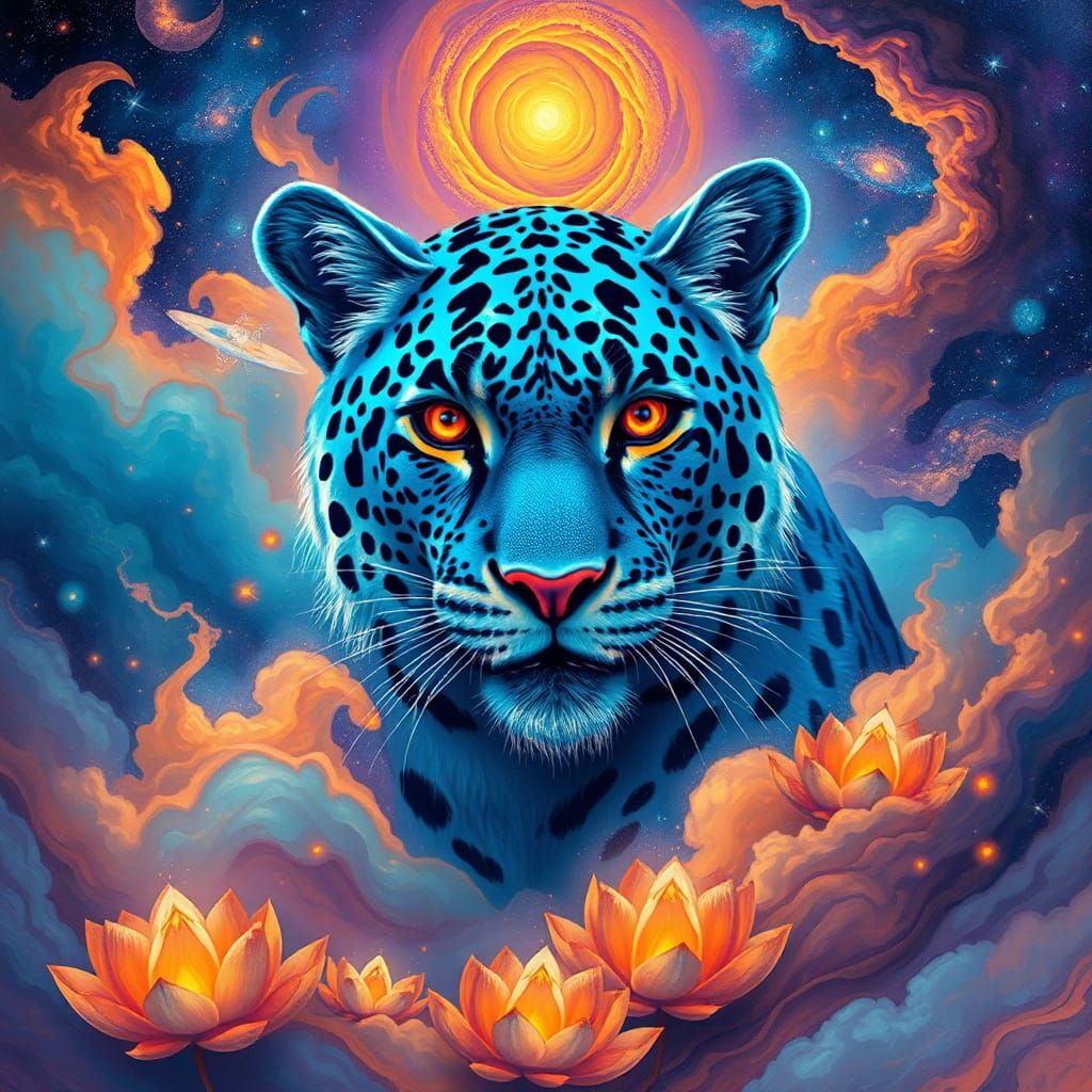 Blue Leopard King in Cosmic Dreamscape