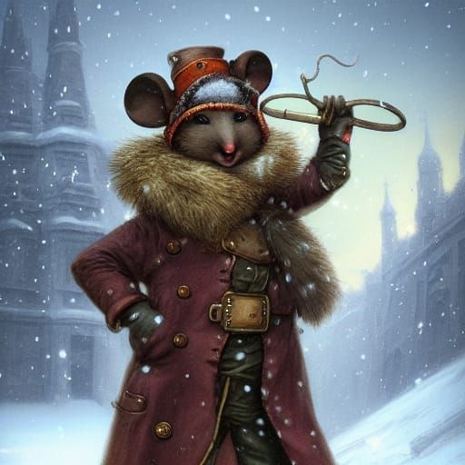 Mouse Adventurer in Winter Landscape, Steampunk Art