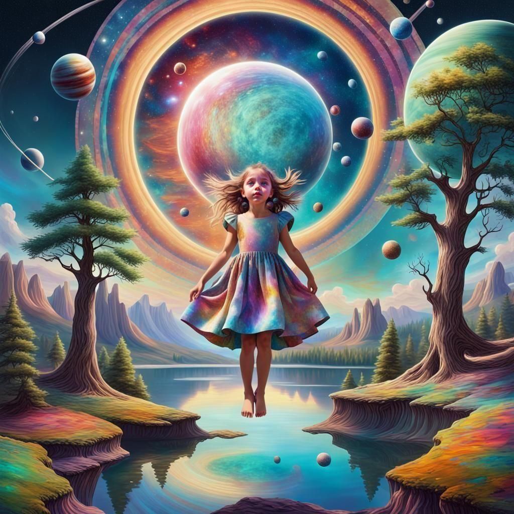 Child Levitation in Psychedelic Astral Landscape