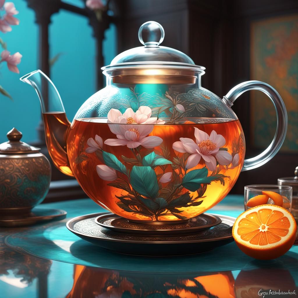 Blossom Tea in Glass Teapot, Detailed Concept Art