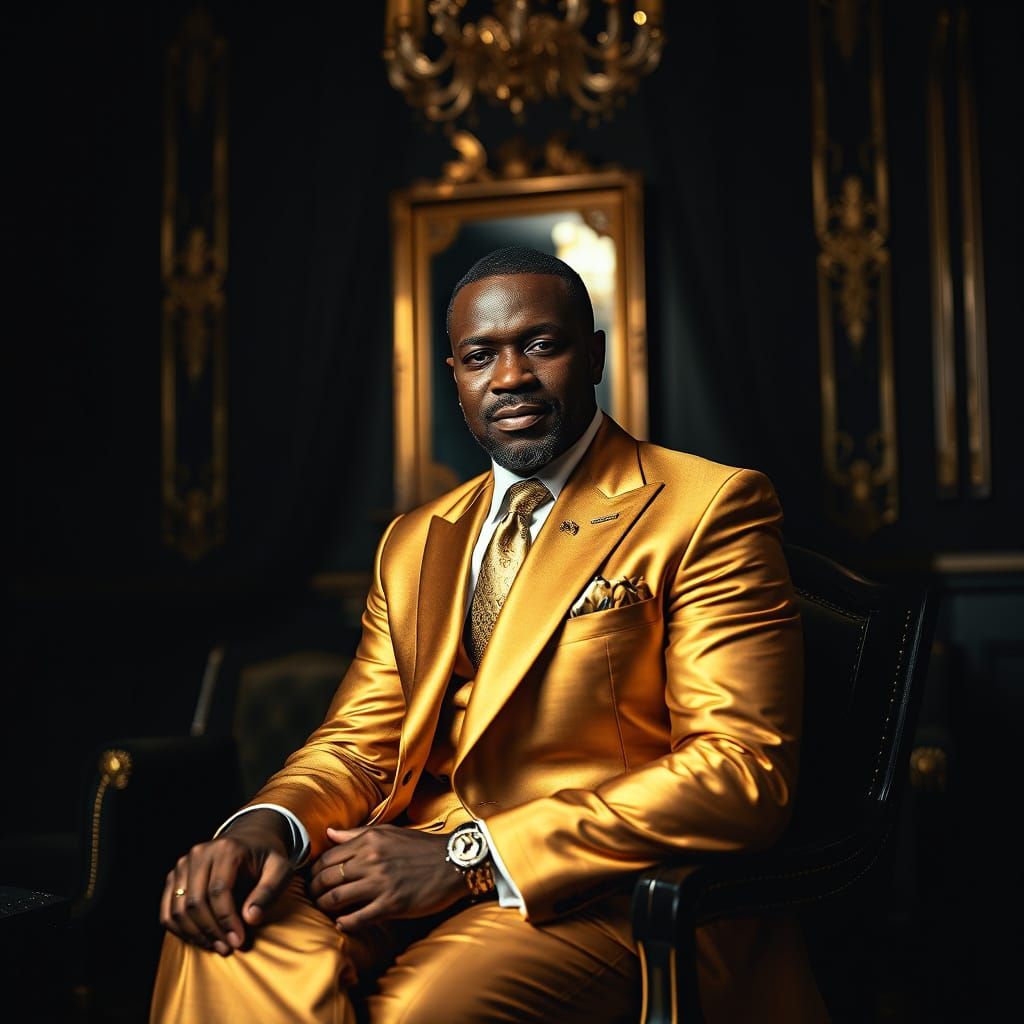 Black Man in Gold Suit in Opulent Gold & Black Room