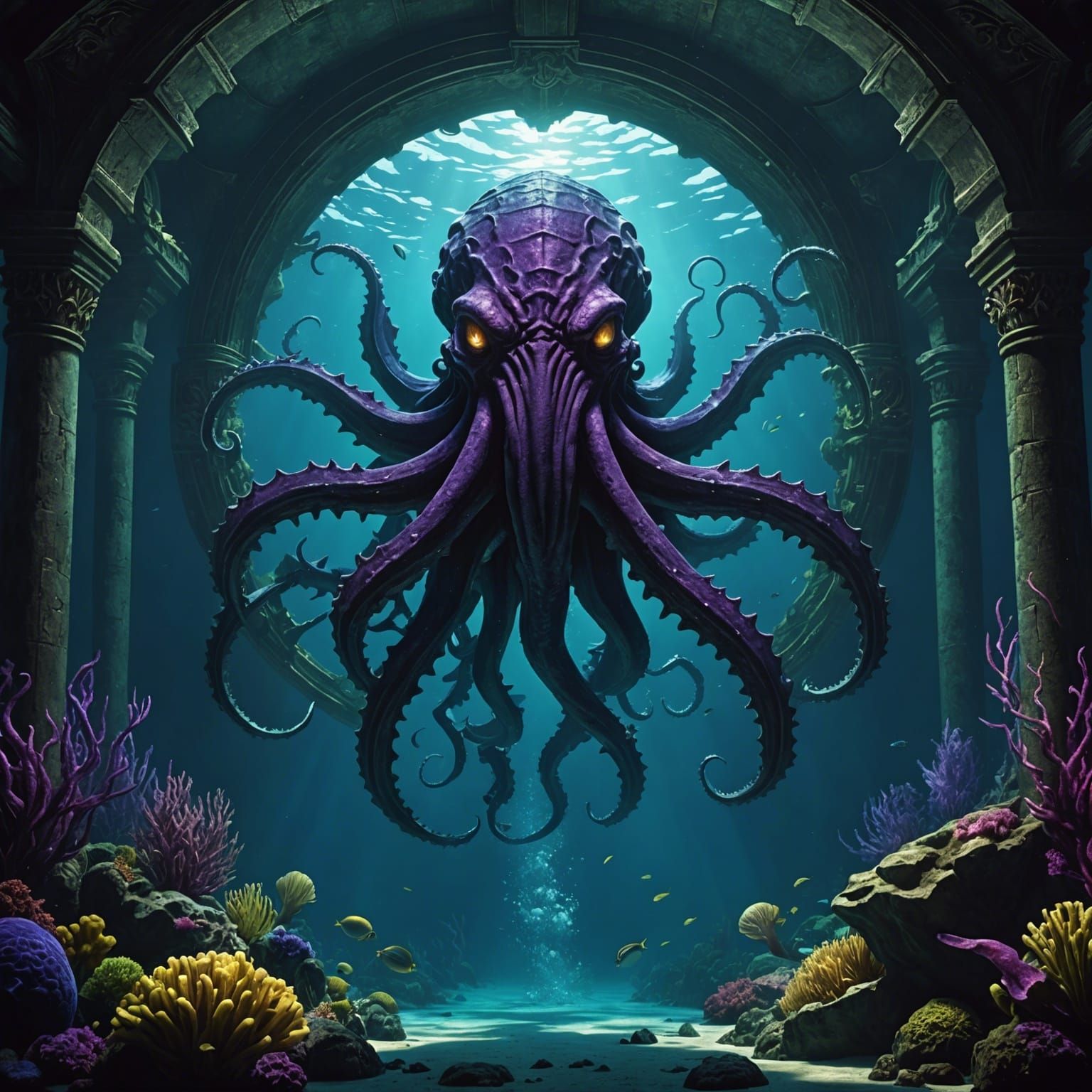 Cthulhu Gazing at Sun: Dark Fantasy Concept Art