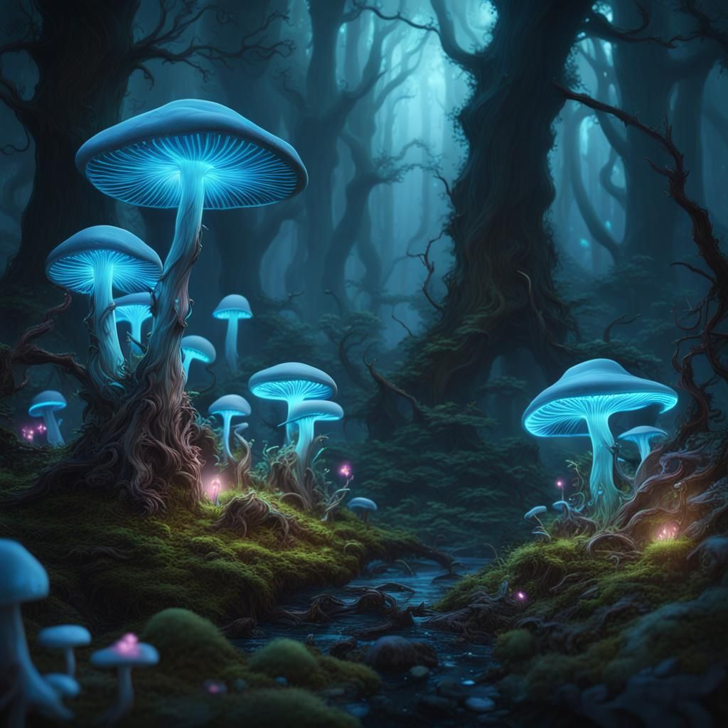 Bioluminescent Mushroom Forest with Fairy in Fantasy Art