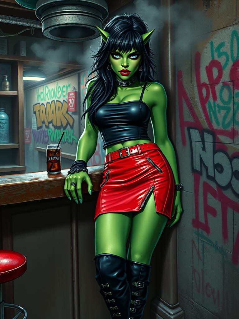 Cyberpunk Orc Girl in Emerald Green Skin and Black Leather