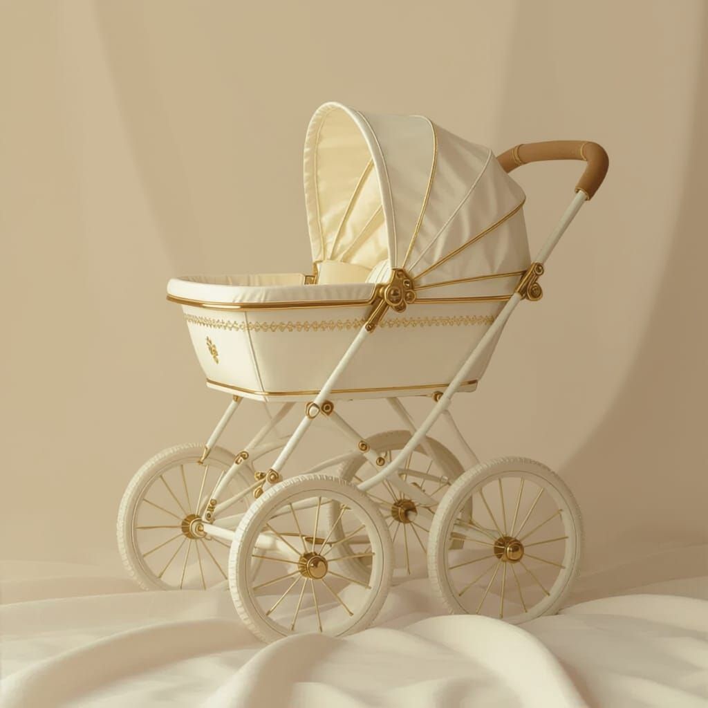 Vintage White Baby Stroller on Cream Background