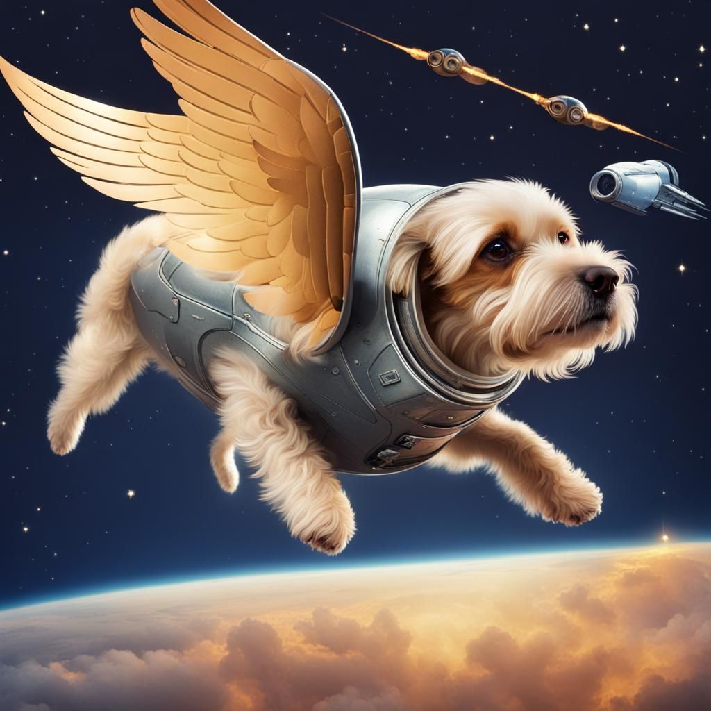 Winged Dog Flies to Spaceship
