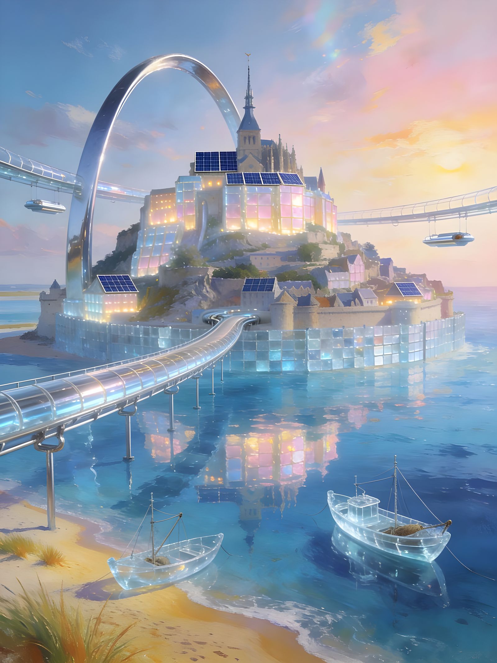 Futuristic Mont Saint-Michel with Glass Structures
