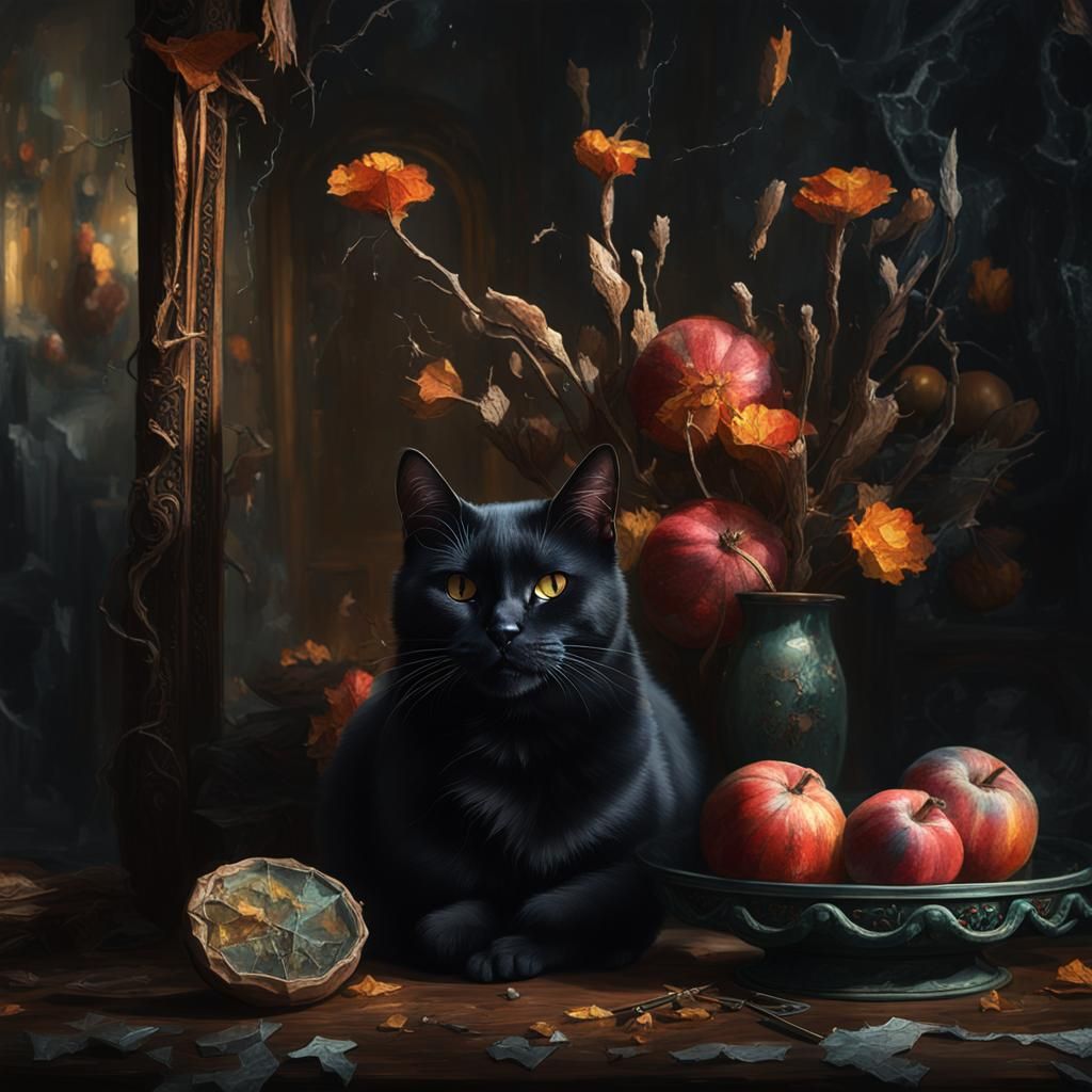 Black Cat Still Life: Dark Moody Oil Painting