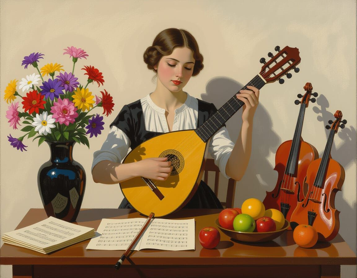 Young Woman Plays Lute Amidst Musical Instruments and Still ...
