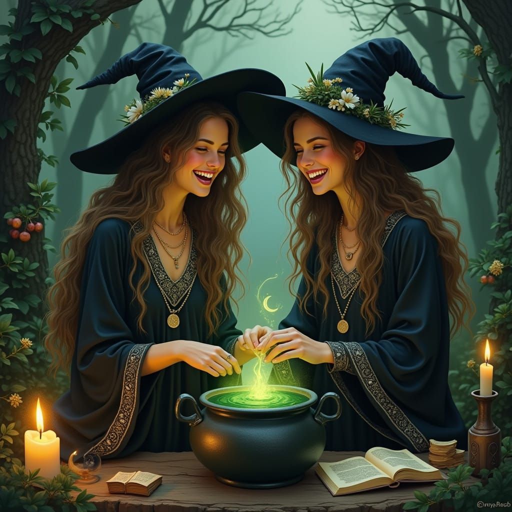 Two Young Witches Stir a Bubbling Potion in a Mystical Fores...