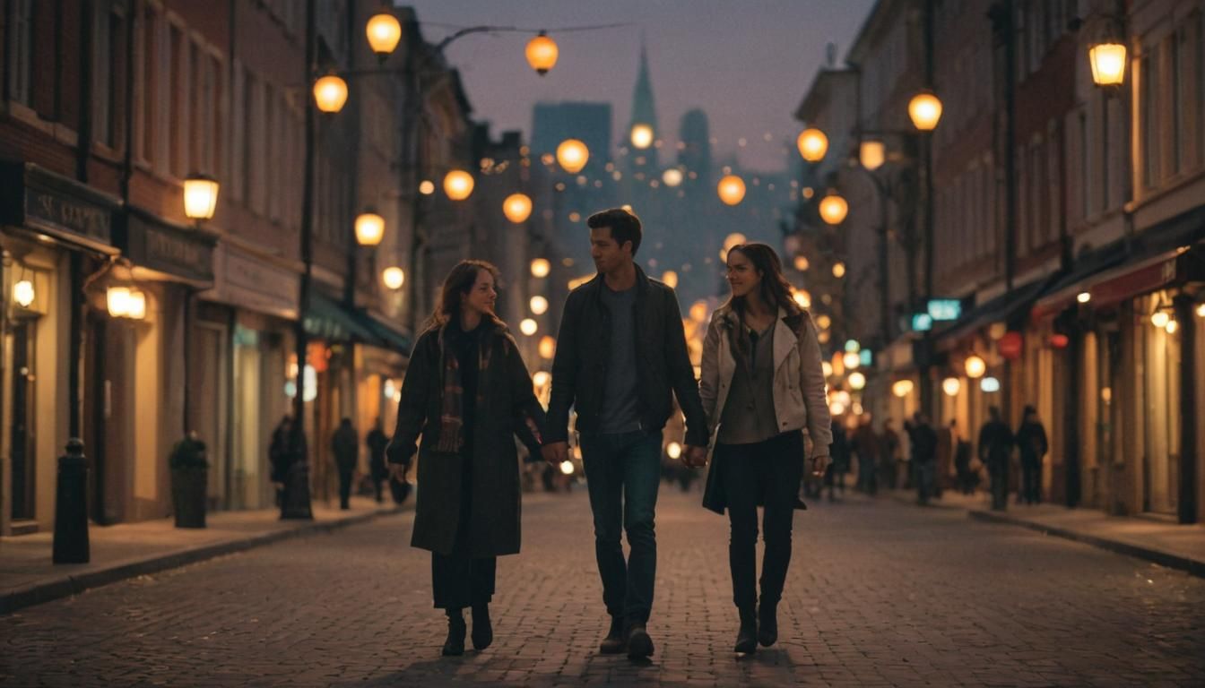 Romantic Evening Stroll: Photorealistic Cityscape at Dusk