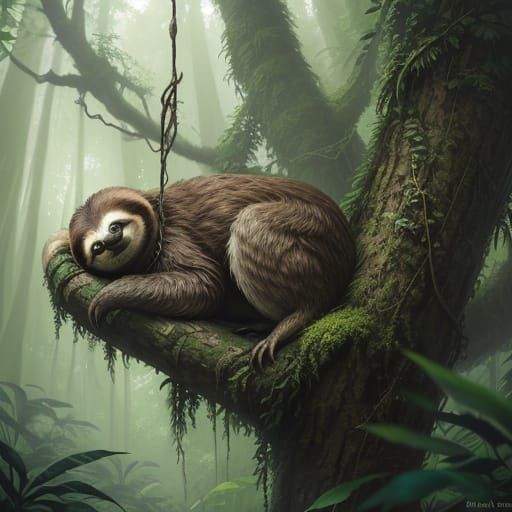 Mossy Sloth on Ancient Vines in Lush Jungle