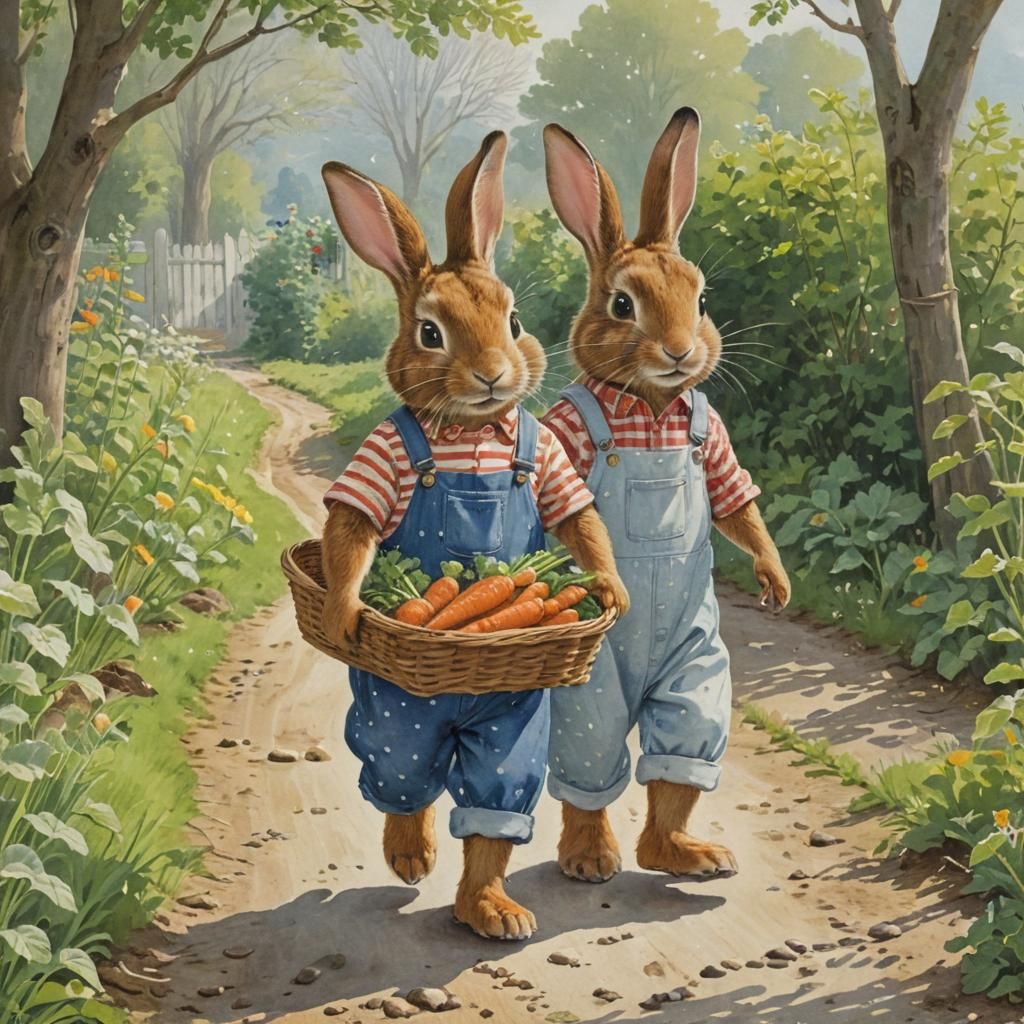 Rabbits with Carrots in Classic Illustration Style