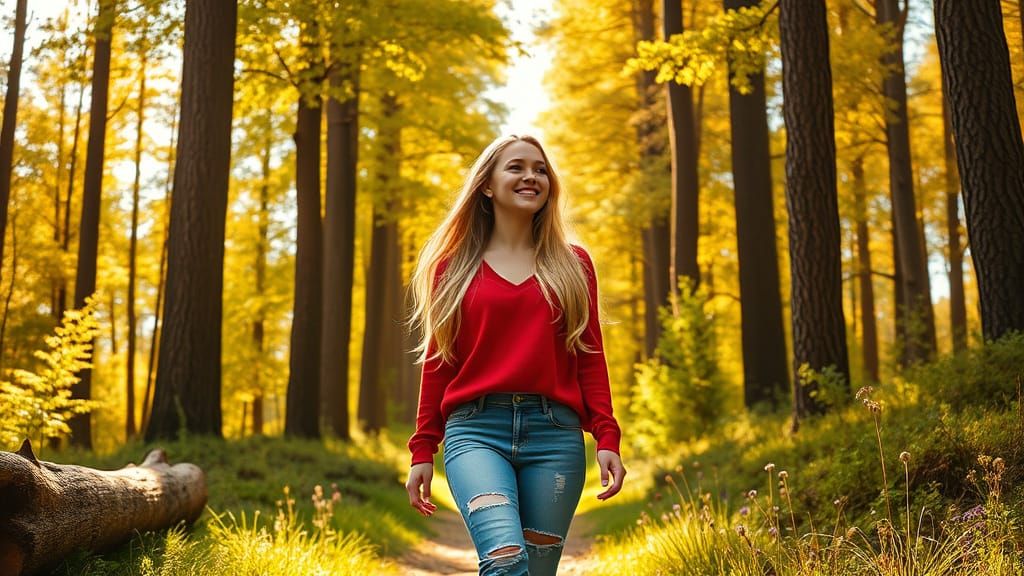 Joyful Woman in Sun-Dappled Forest, Painterly Style