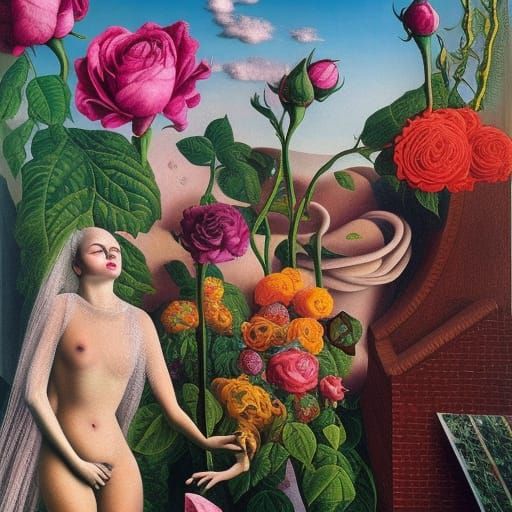 Rose Heart in Frosted Flower Field, Surreal Oil Painting