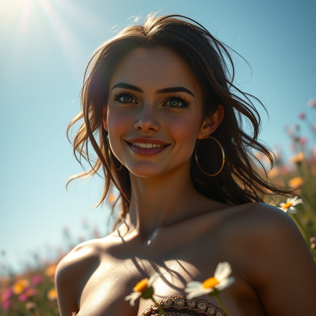 Shirtless Super Woman in Field, Pixar Style