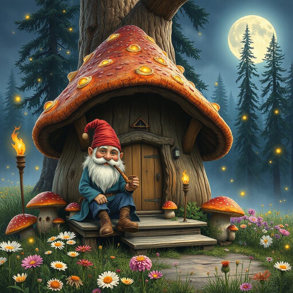 Gnome in Whimsical Forest Scene with Tiki Torches and Firefl...