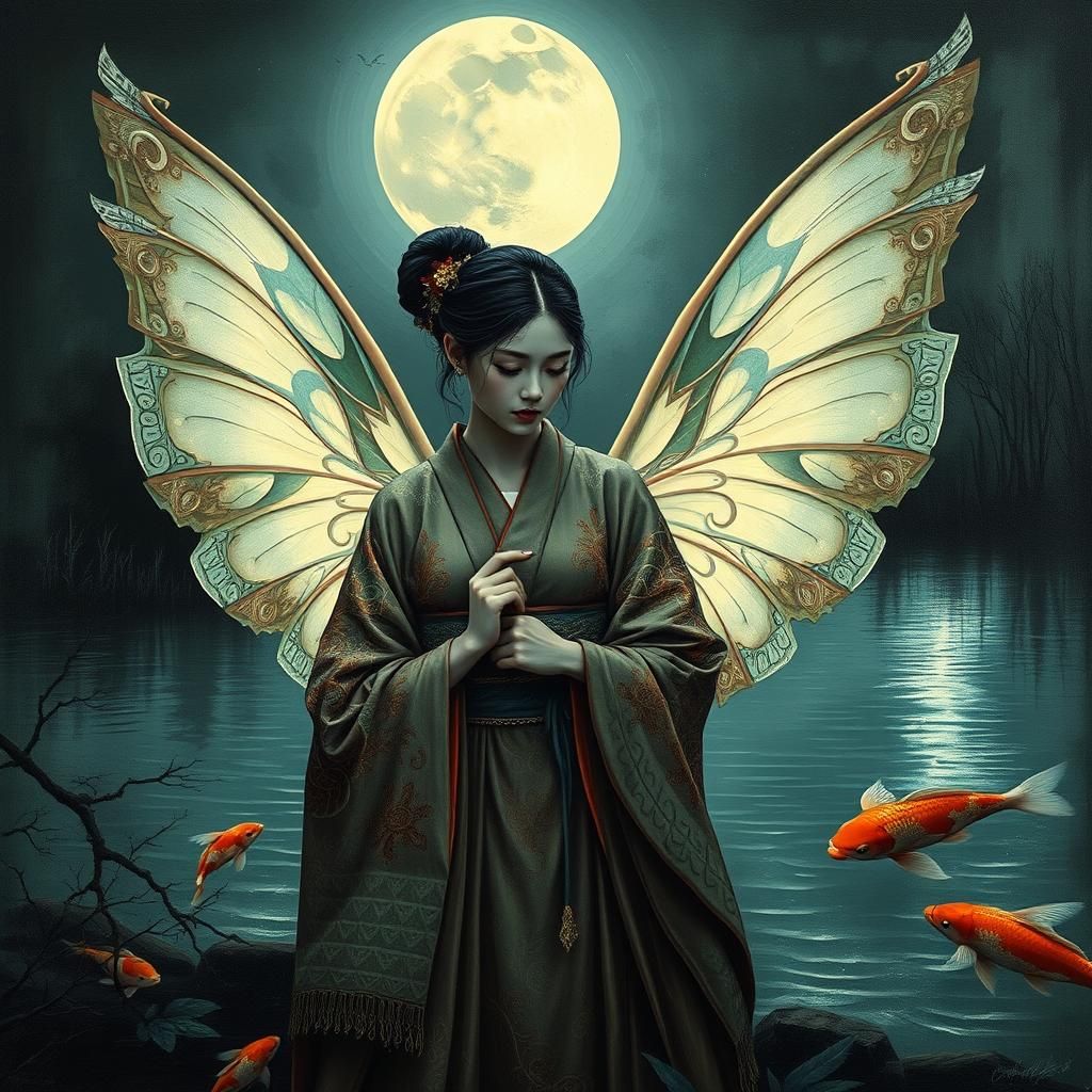 Mournful Fairy Elf Geisha with Glowing Wings