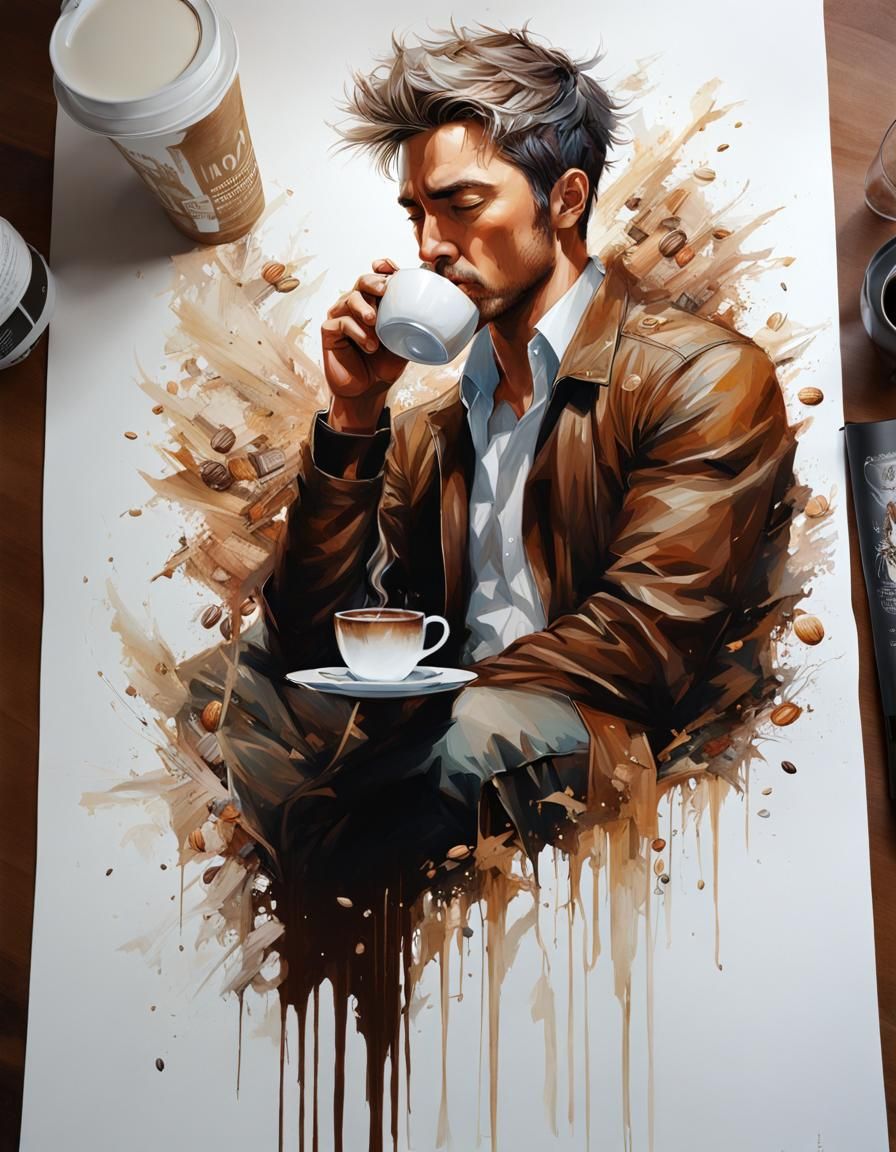 Photorealistic Portrait of Tired Man with Coffee