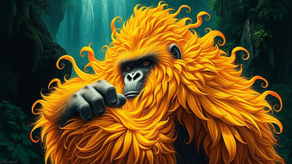 Golden Gorilla in Emerald Jungle, Hyperrealistic Digital Art