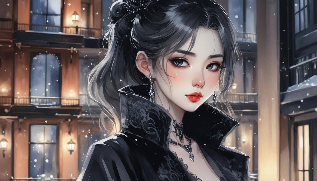 Gothic Woman With Grey Eyes Manhattan Nighttime Winter