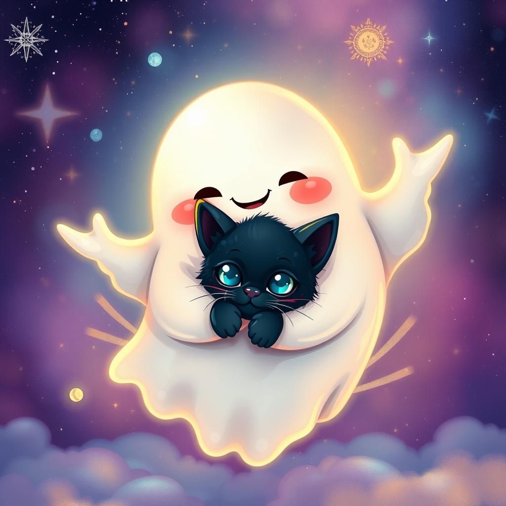 Chubby Ghost Embraces Kitten in Starry Celestial Art