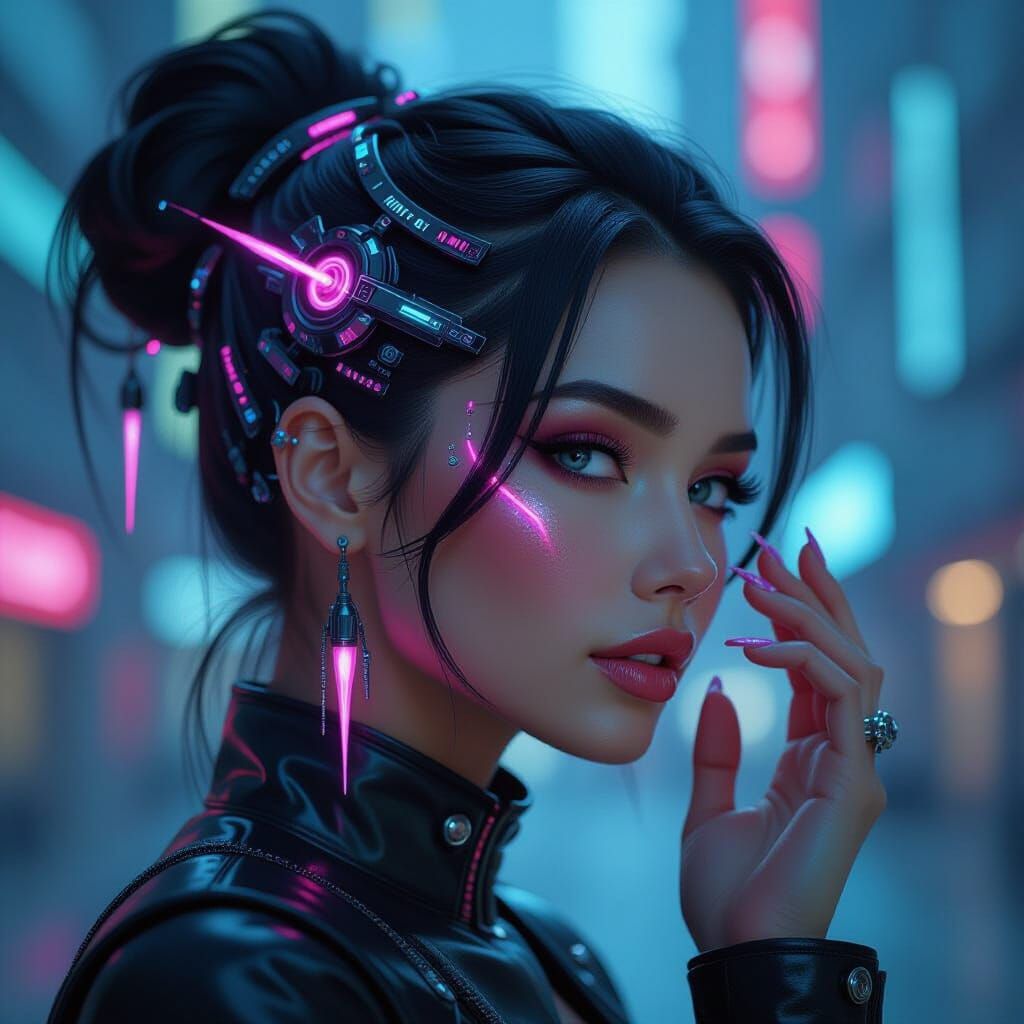 Cyberpunk Woman with Futuristic Hair and Energy Waves