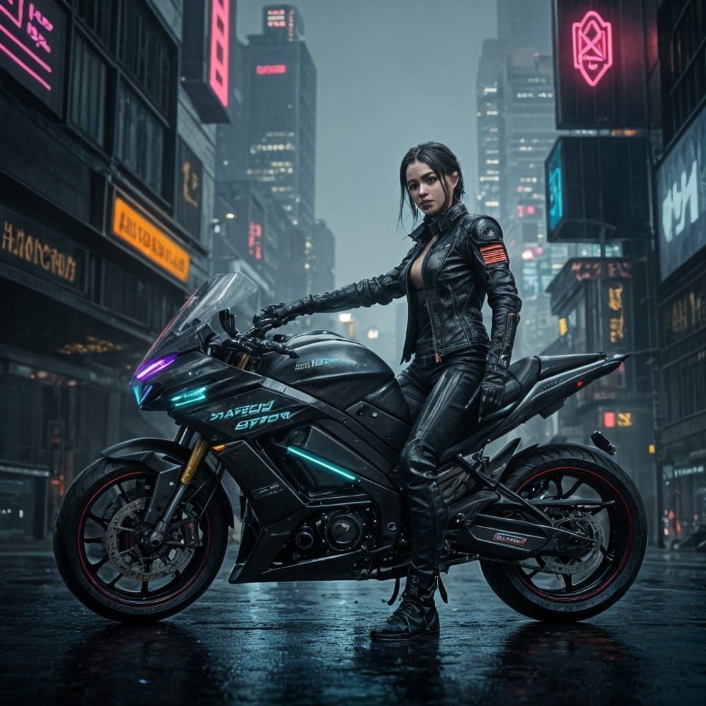 Cyberpunk Warrioress Riding Motorcycle Through Rainy City St...