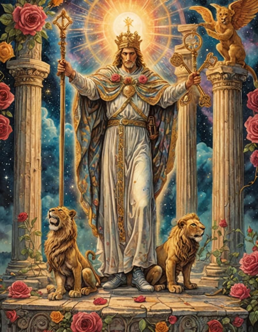 Surreal Cosmic Scene of Man with Keys and Lions