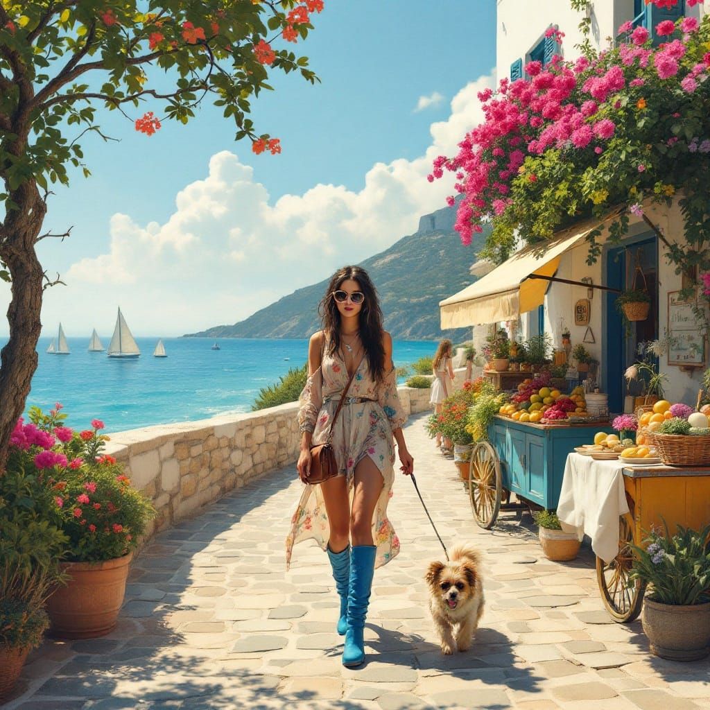 Bohemian Goddess Strolls Seaside Village in Vibrant Whimsy