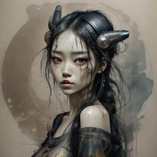 Cyberpunk Portrait of Asian Woman with Ink Effects