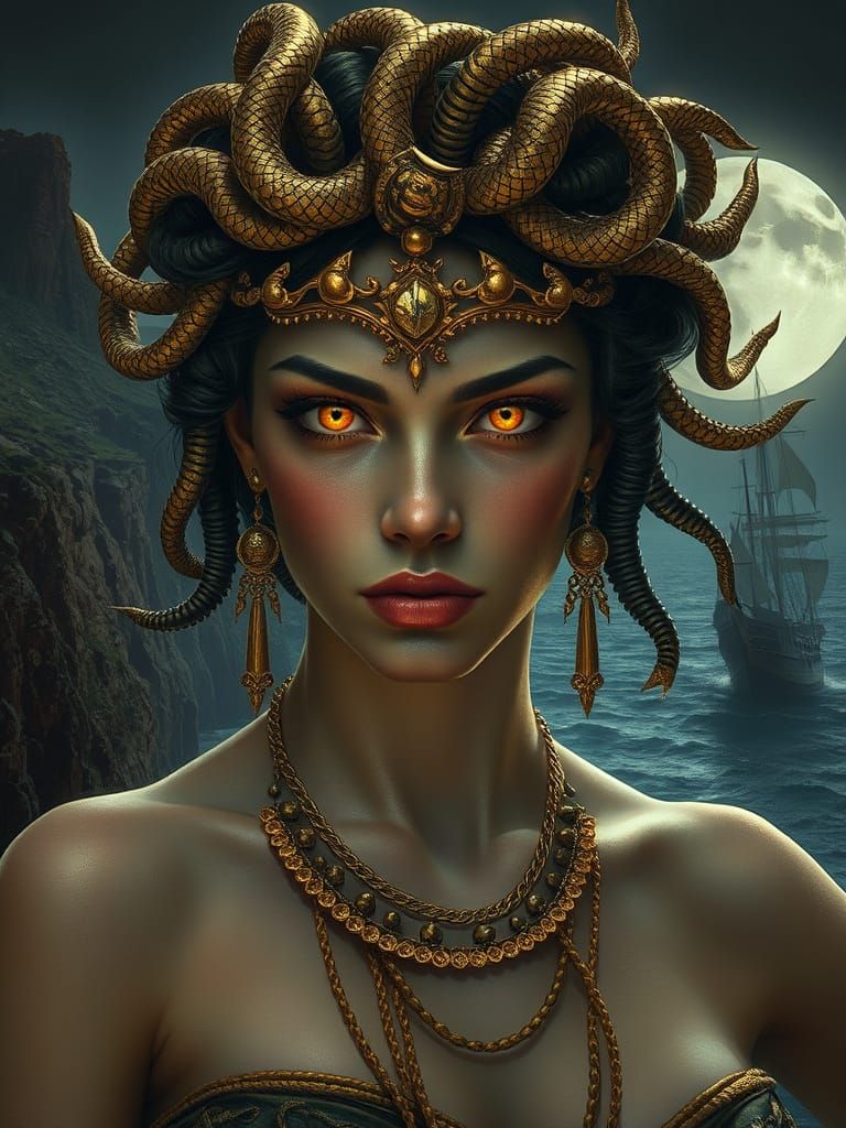 Surreal Hyperrealistic Portrait of Medusa in Moonlit Glory