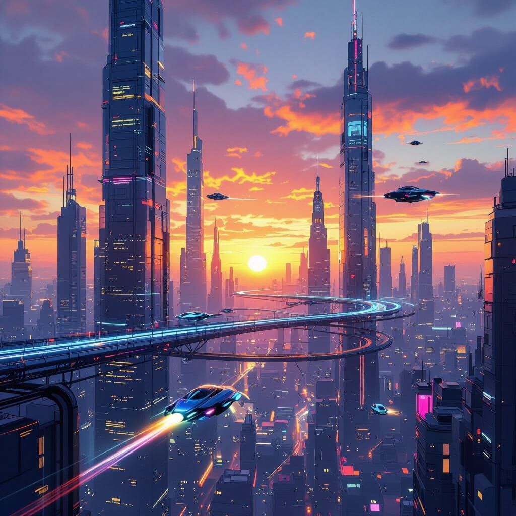 Futuristic Cityscape at Sunset in Cyberpunk Style