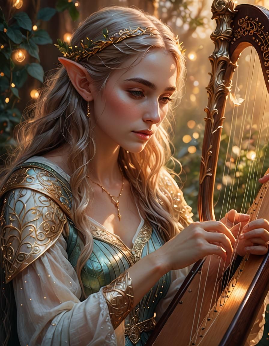 Ethereal Elf Maiden Plays Harp in Golden Hour