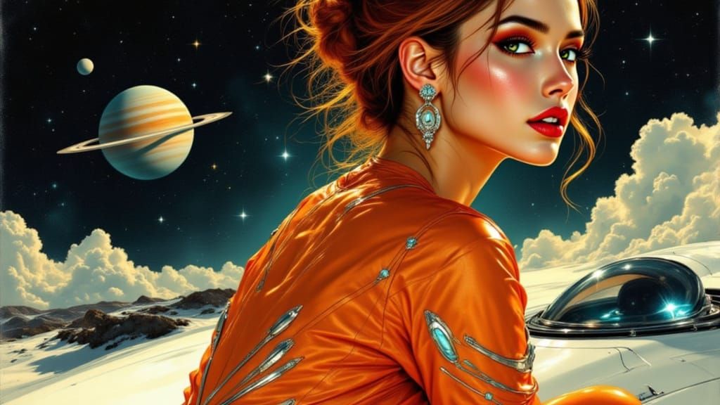 Confident Spacewoman in Retro-Futuristic Environment